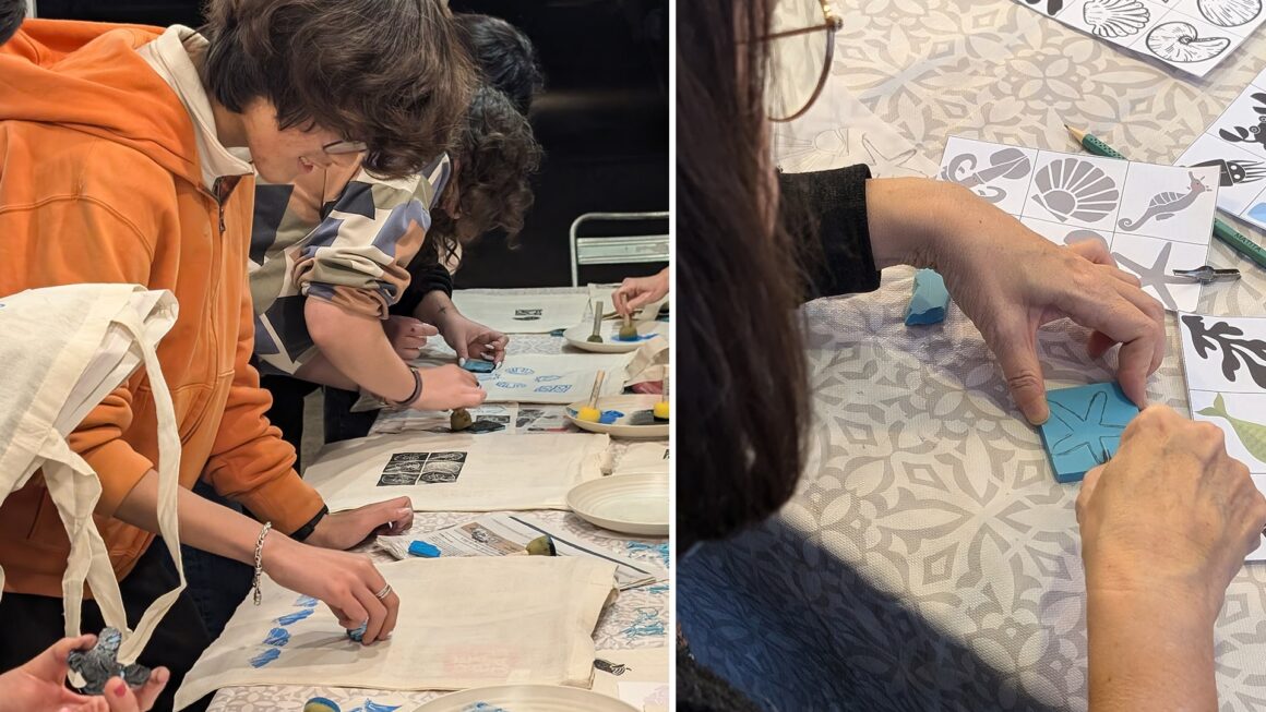 Sellos y estampación en una totebag en Connect’art