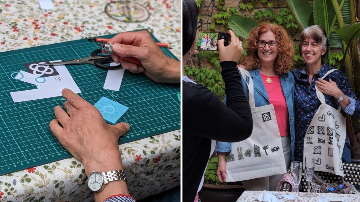 Sellos y estampación en una totebag en el Hotel Ronda Lesseps