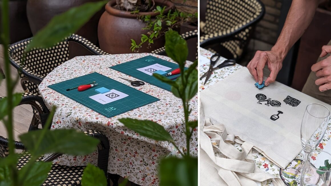 Sellos y estampación en una totebag en el Hotel Ronda Lesseps