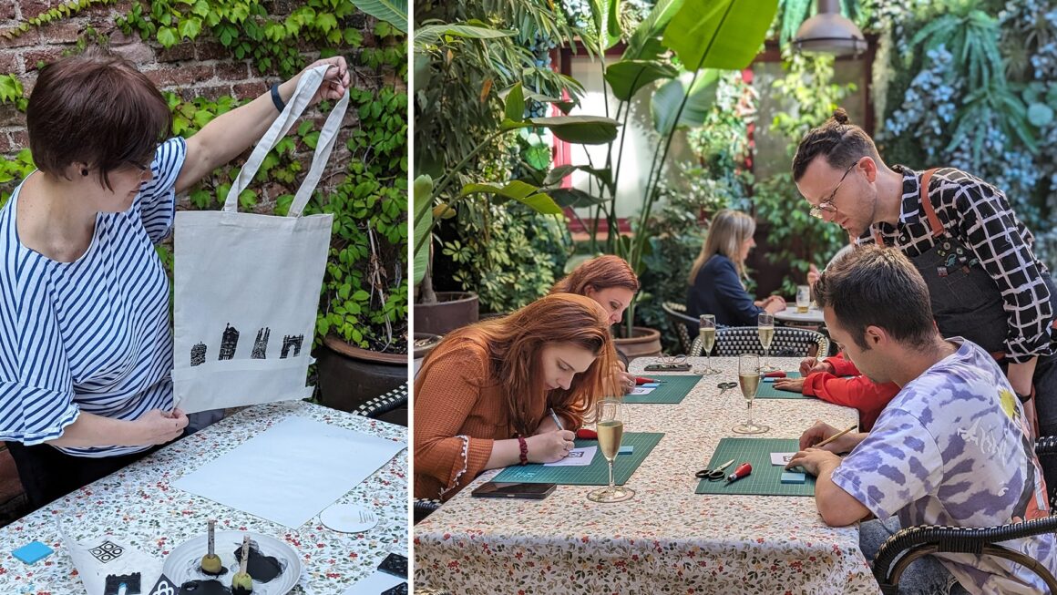 Sellos y estampación en una totebag en el Hotel Ronda Lesseps
