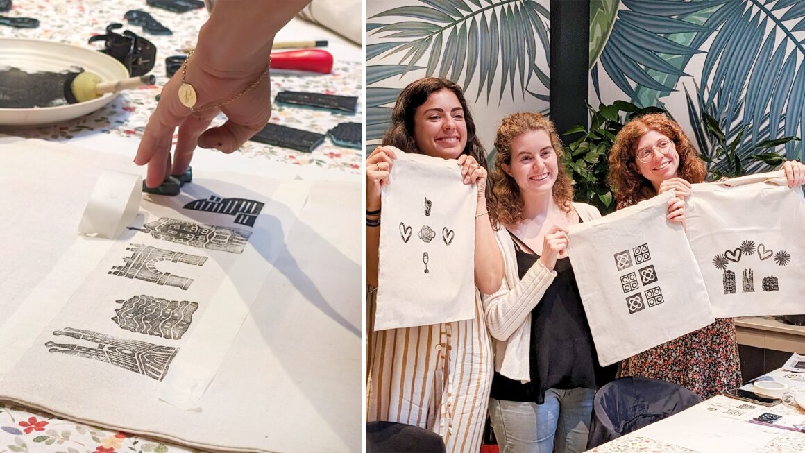 Sellos y estampación en una totebag en el Hotel Ronda Lesseps