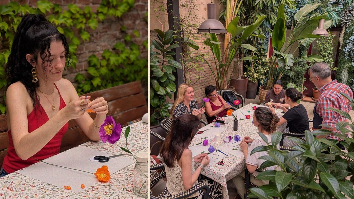 Semana de las terrazas de Barcelona creando flores de papel